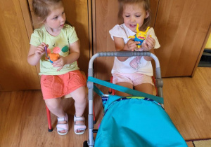 Dziewczynki bawią się lalkami i wózkiem.