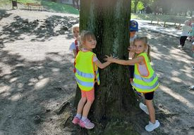 dziewczynki przytulają pień drzewa