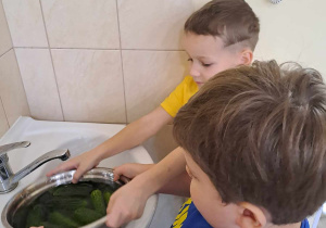 Chłopcy myją ogórki