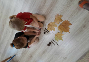Dzieci na podłodze układają rytmy z darów jesieni