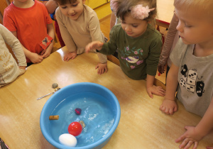 Dzieci podczas zabawy dydaktycznej sprawdzają " Co pływa a co tonie?"