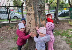 dzieci przytulają się do drzewa