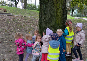 Dzieci obejmują drzewo.