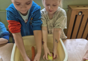 Dzieci myją owoce i warzywa