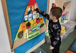 Chłopiec uzupełnia 'Piramidę zdrowego żywienia".