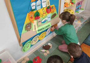 Dziewczynka uzupełnia 'Piramidę zdrowego żywienia".