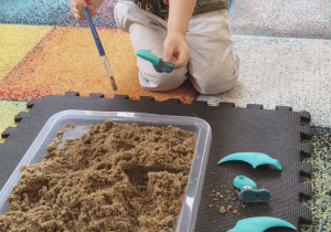 Chłopiec szuka szczątków dinozaura w piasku.