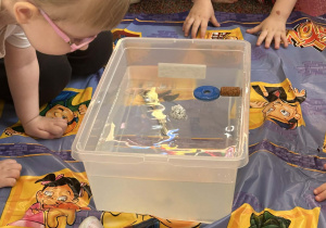 Dzieci sprawdzają jakie przedmioty utonęły w wodzie.