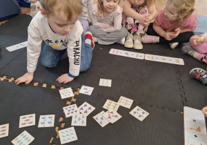 chłopiec szuka odpowiedniego obrazka z dinozaurami