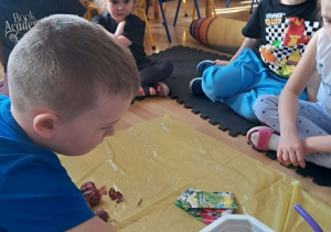 Chłopiec sadzi cebulkę.