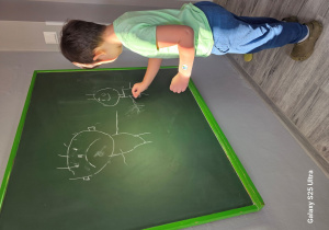 Dominik rysuje na tablicy jak się dzisiaj czuje.