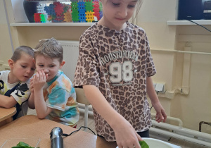 Dzieci dodają szpinak do miski z owocami.