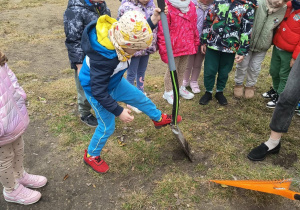 Dzieci stoją na trawniku, chłopiec prezentuje sposób użycia szpadla