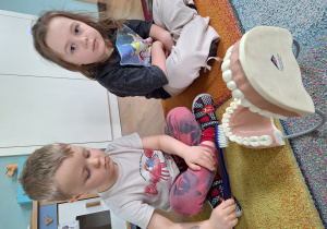 chłopiec szczotkuje sztuczne zęby