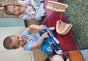 chłopiec szczotkuje sztuczne zęby