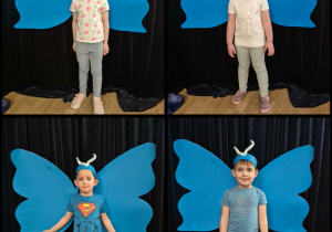Kolaż zdjęć przedstawiający dzieci jako niebieskie motyle