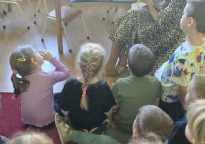 Nauczycielka pokazuje dzieciom zdjęcia na monitorze komputera